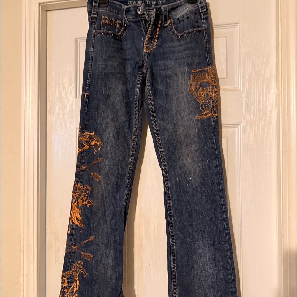 Cowgirl Tuff Blue and Orange Boot Cut Jeans